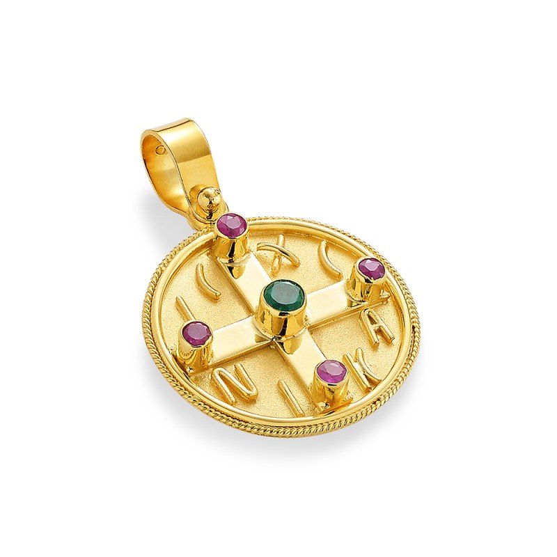 Damaskos Byzantine 18K Gold Constantinato Cross Pendant with emerald and rubies (Double‑Sided)
