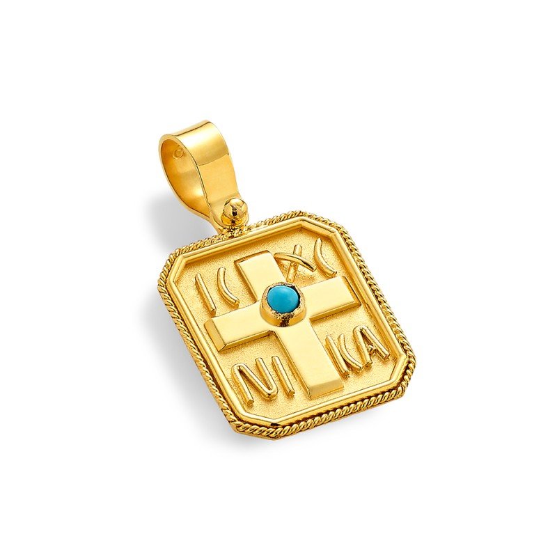 Damaskos Byzantine 18K Gold Constantinato Cross Pendant Double‑Sided with Turquoise