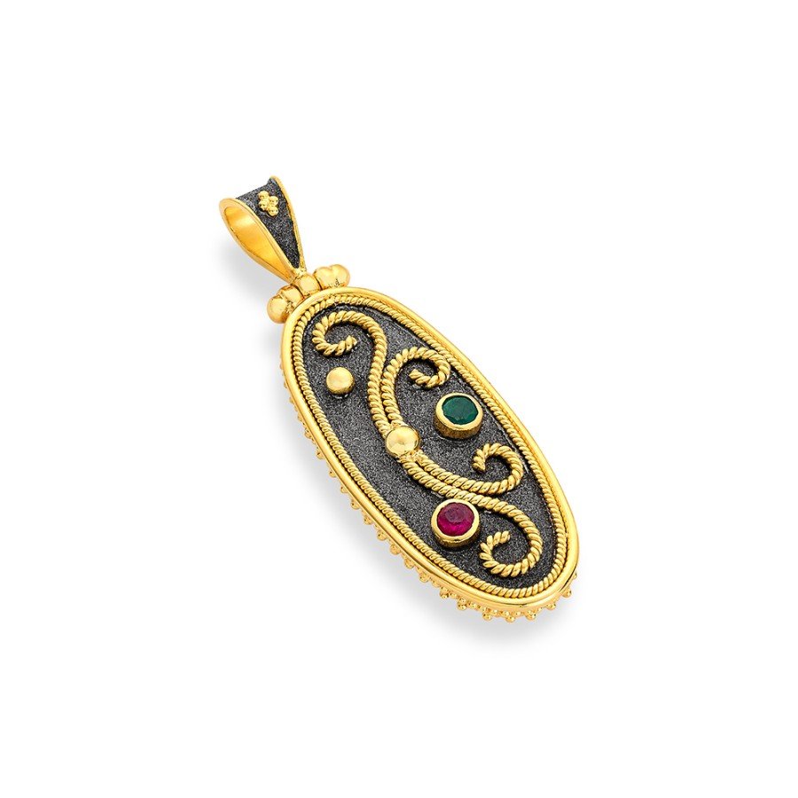 Damaskos Byzantine 18K Gold Pendant with emmeralds and rubies