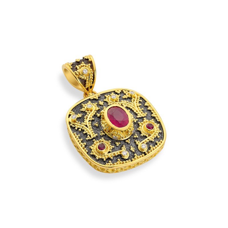Damaskos Byzantine 18K Gold Pendant with rubies and diamonds (0,13ct diamonds)
