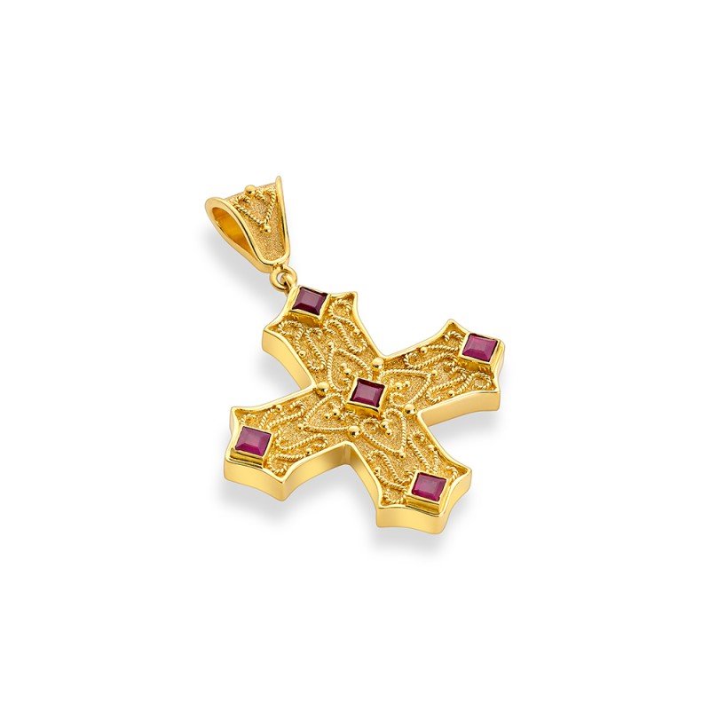 Damaskos Byzantine Ornate Petal18K Gold Cross with rubies