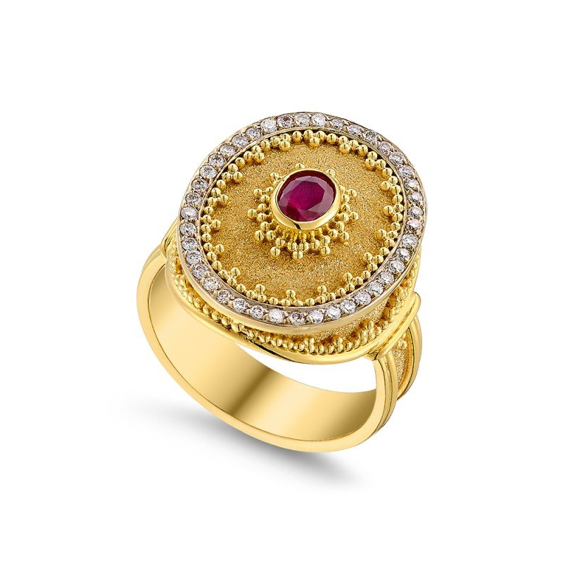 Damaskos Byzantine 18K Gold Ring with ruby and diamonds (0,40ct diamonds)