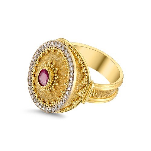 Damaskos Byzantine 18K Gold Ring with ruby and diamonds (0,40ct diamonds) - Image 2