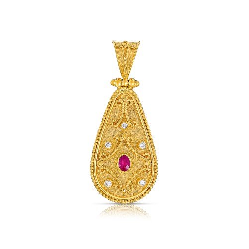 Damaskos Byzantine 18K Gold Pendant with ruby and diamonds (0,10ct diamonds) - Image 2