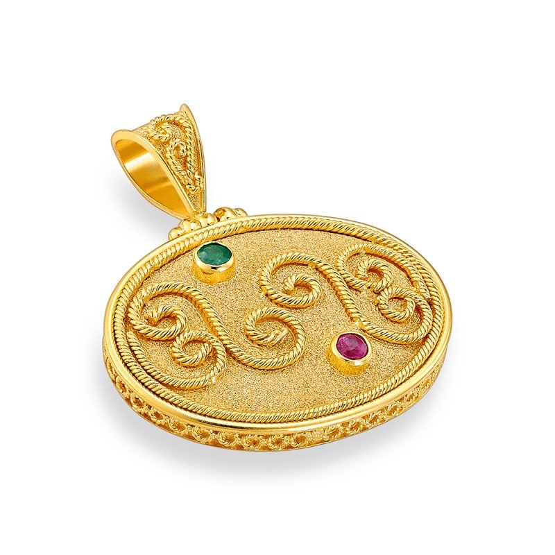 Damaskos Byzantine 18K Gold Pendant with emmeralds and rubies