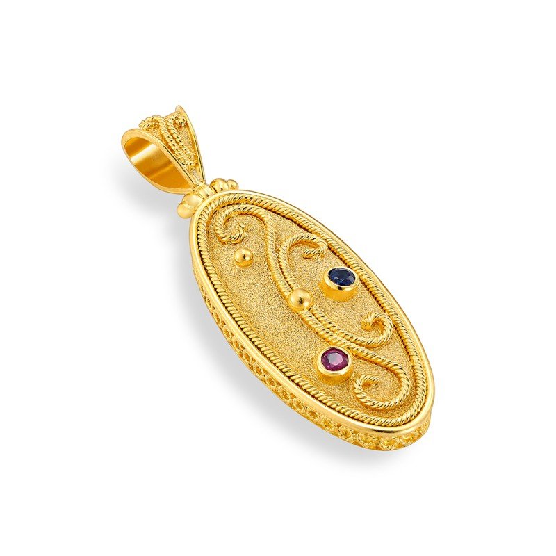 Damaskos Byzantine 18K Gold Pendant with saphires and rubies