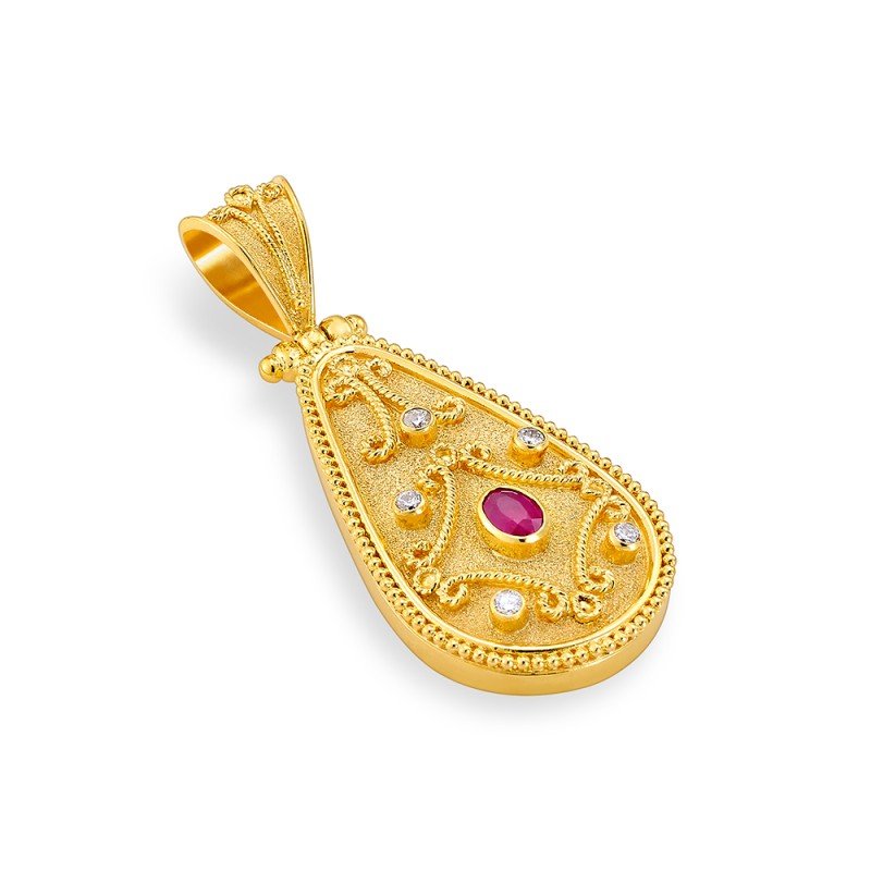 Damaskos Byzantine 18K Gold Pendant with ruby and diamonds (0,10ct diamonds)