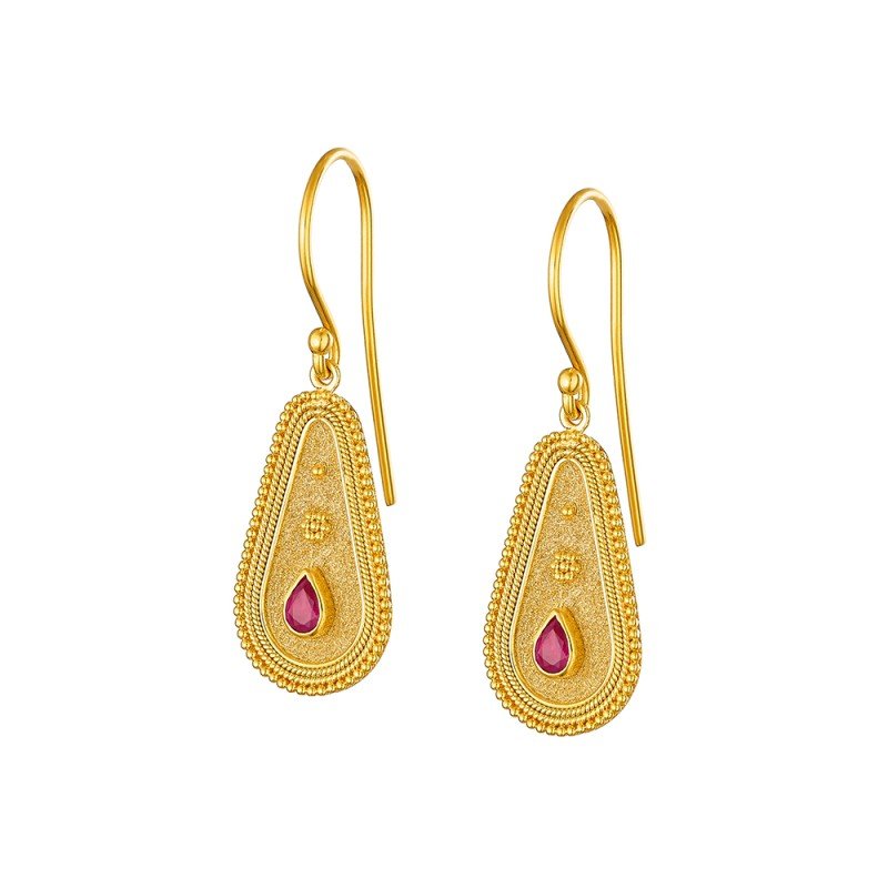 Damaskos Byzantine Teardrop Drop Earrings with Red Gemstones – 18k Gold