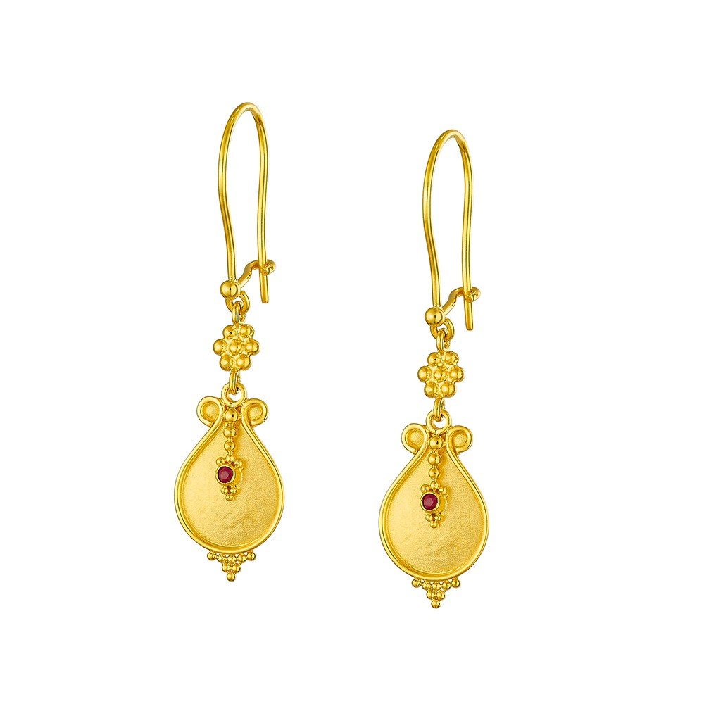Damaskos Byzantine Teardrop Drop Earrings with Red Gemstones – 18k Gold - Image 2