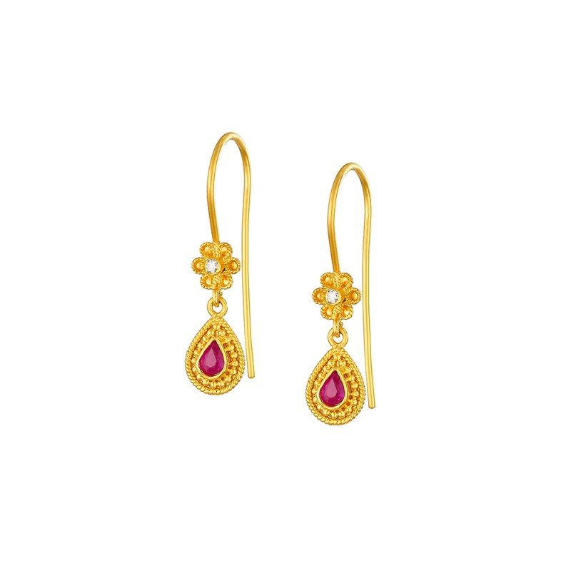 Damaskos Byzantine Floral Teardrop Drop Earrings with Red Gemstones and Diamonds – 18k Gold