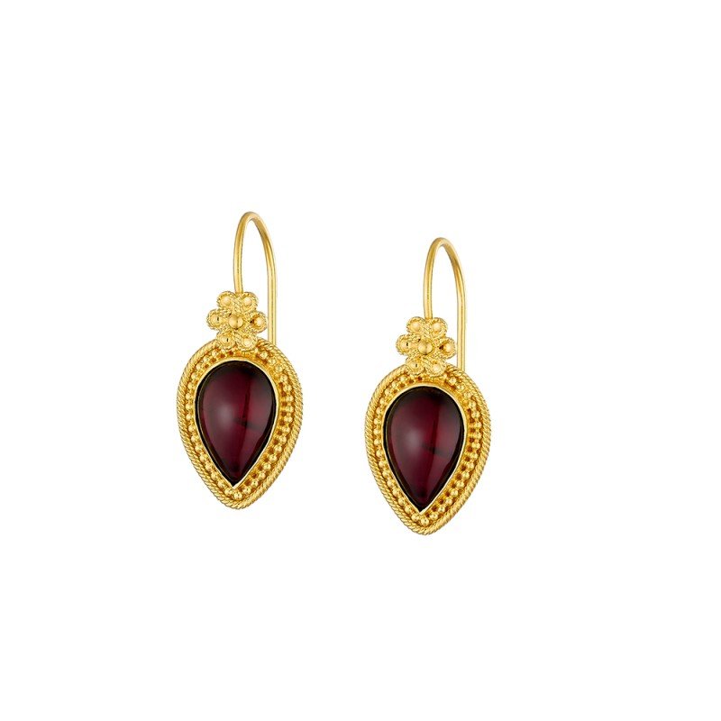 Damaskos Byzantine Pear-Shaped Drop Earrings with Red Gemstones – 18k Gold