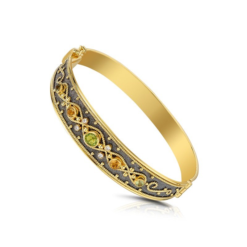 Damaskos Byzantine Filigree Hinged Bangle with Gemstones and Diamonds – 18k Gold