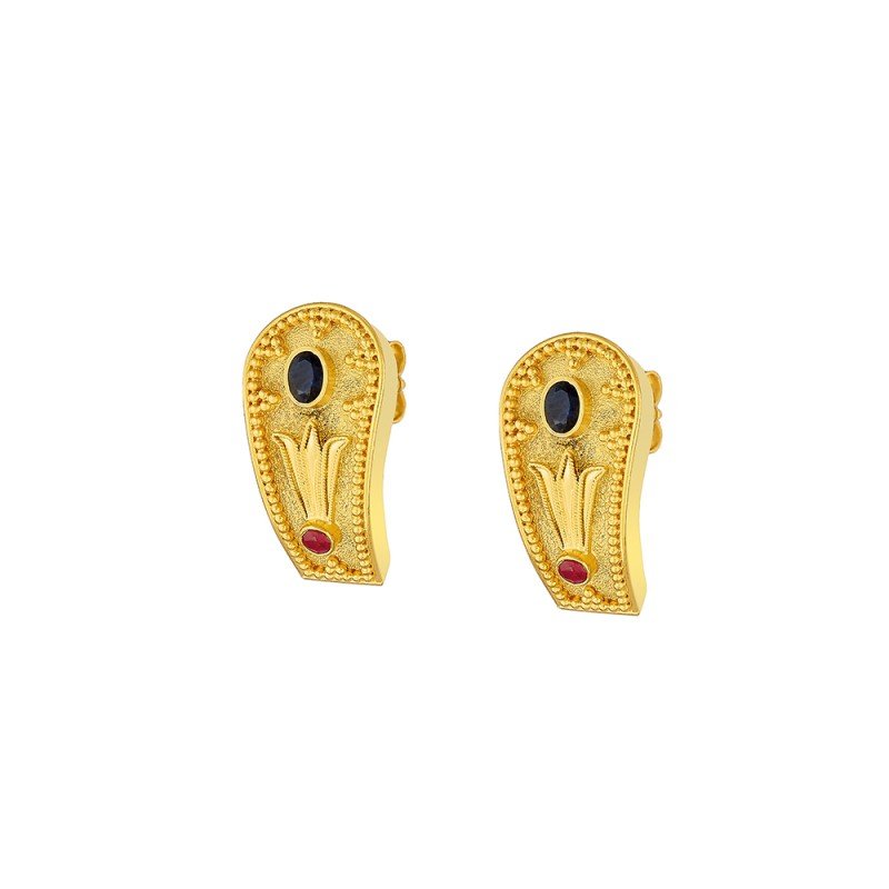 Damaskos Byzantine Paisley Stud Earrings with Black and Red Gemstones – 18k Gold