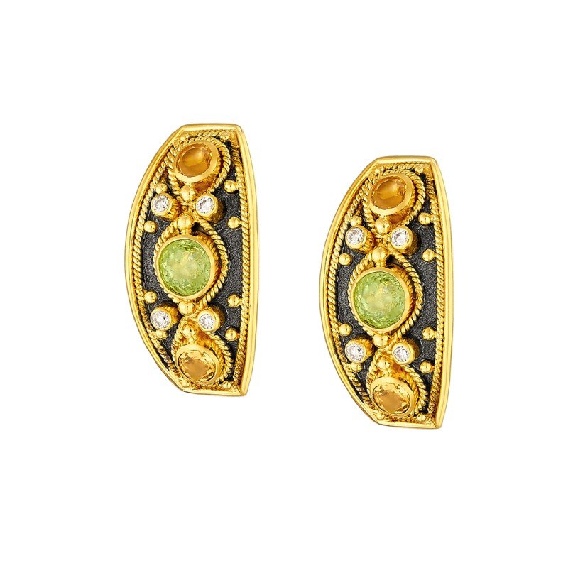Damaskos Byzantine Curved Stud Earrings with Green and Yellow Gemstones and Diamonds – 18k Gold