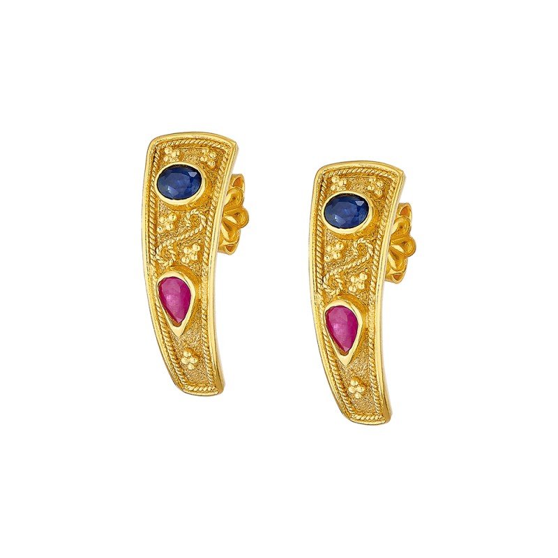 Damaskos Byzantine Curved Stud Earrings with Blue and Red Gemstones – 18k Gold