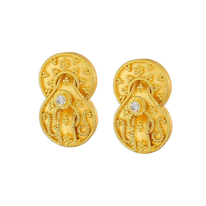 Damaskos Byzantine Double Medallion Stud Earrings with Diamonds – 18k Gold