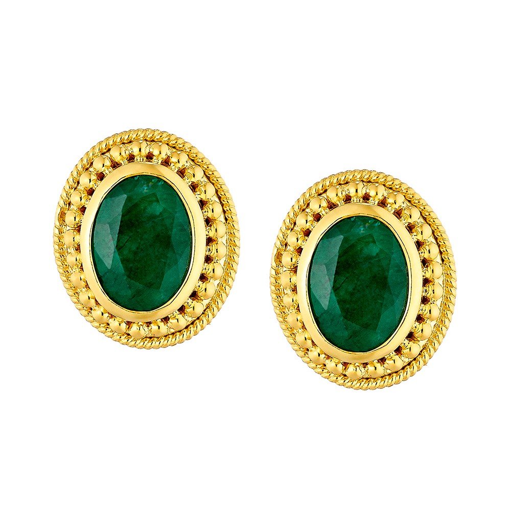 Damaskos Byzantine Oval Stud Earrings with Green Gemstones – 18k Gold - Image 2