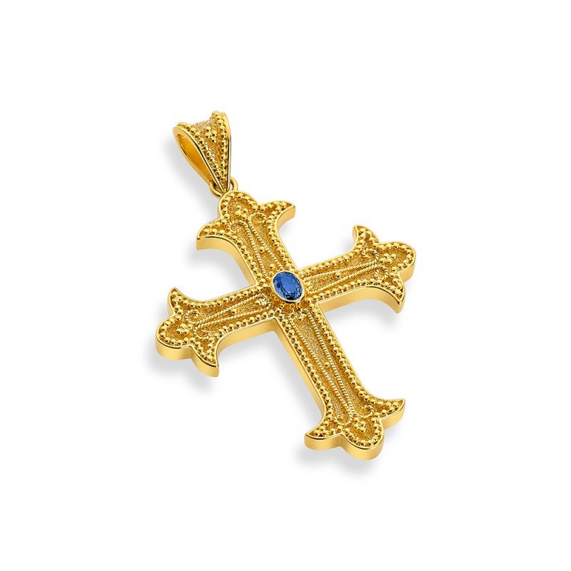Damaskos Byzantine 18K Gold Cross with sapphires (Sapphires: 0,45 ct diamonds)