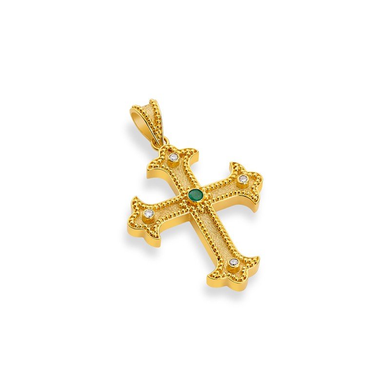 Damaskos Byzantine 18K Gold Cross with emerald (0,06 ct) and diamonds (0,08 ct)