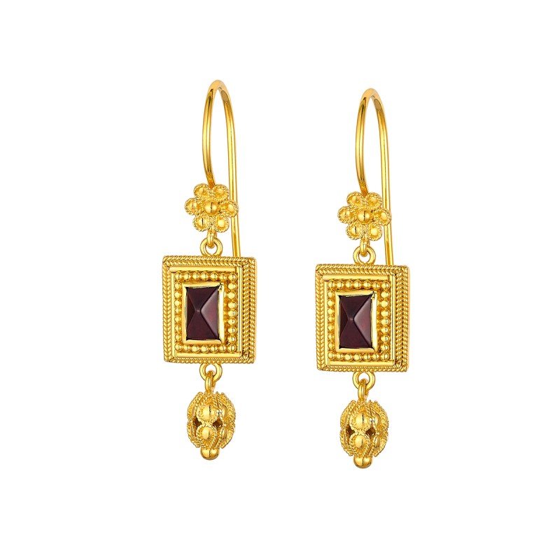 Damaskos Byzantine Square Drop Earrings with Red Gemstones – 18k Gold
