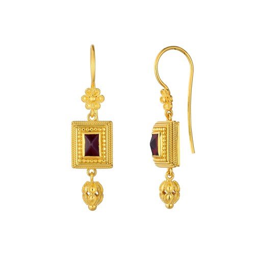 Damaskos Byzantine Square Drop Earrings with Red Gemstones – 18k Gold - Image 4