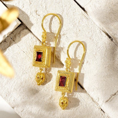 Damaskos Byzantine Square Drop Earrings with Red Gemstones – 18k Gold - Image 3