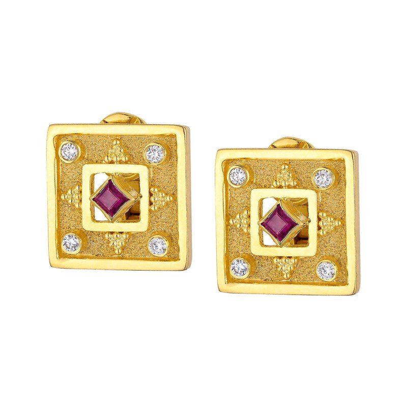 Damaskos Byzantine Square Stud Earrings with Red Gemstone and Diamonds – 18k Gold