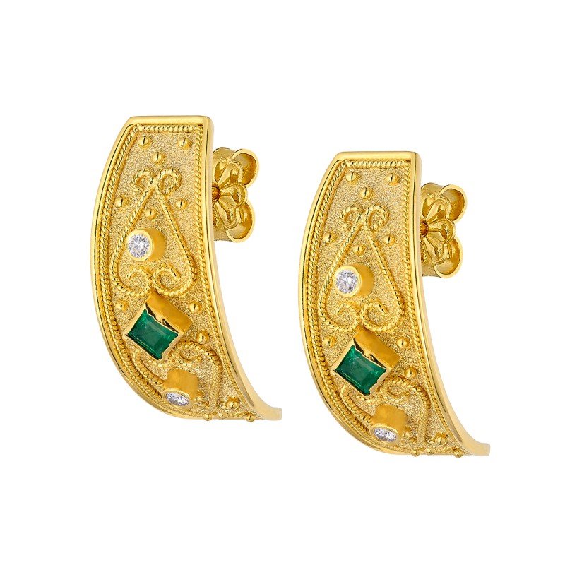Damaskos Byzantine Curved Earrings with Green Gemstones and Diamonds