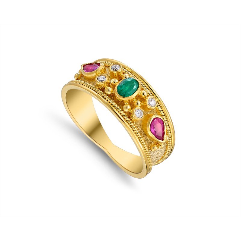 Damaskos Byzantine 18K Gold Ring with emmerald, rubies and diamonds (0,08ct diamonds)