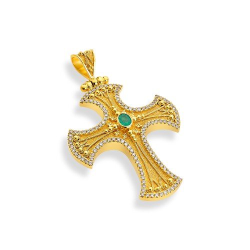 Damaskos Byzantine 18K Pillar Gold Cross with Emeralds and Diamonds