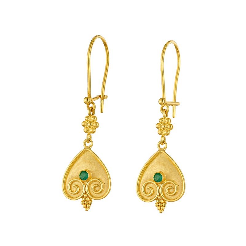 Damaskos Byzantine Heart Drop Earrings with Green Gemstones – 18k Gold