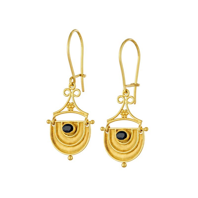 Damaskos Archaic Shield Drop Earrings with Black Gemstones – 18k Gold