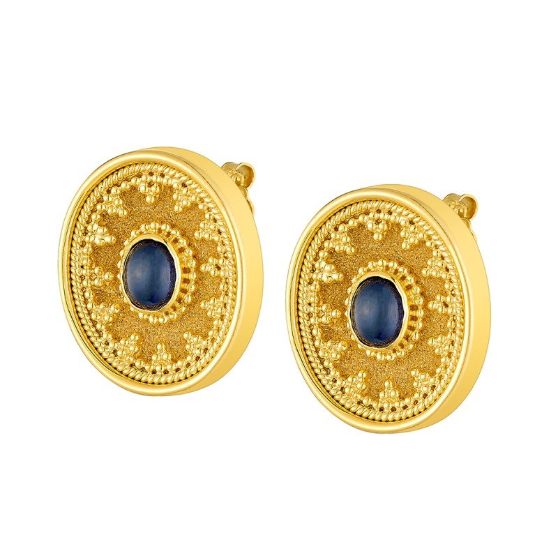 Damaskos Byzantine Oval Stud Earrings with Blue Gemstones – 18k Gold