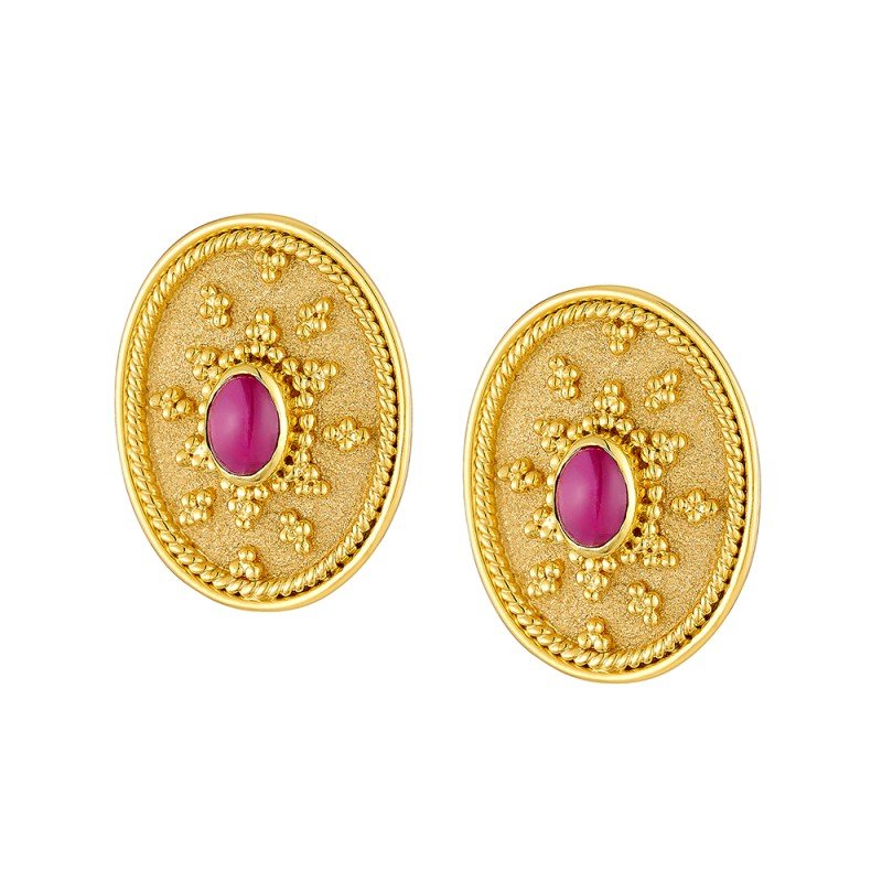 Damaskos Byzantine Oval Stud Earrings with Red Gemstones – 18k Gold