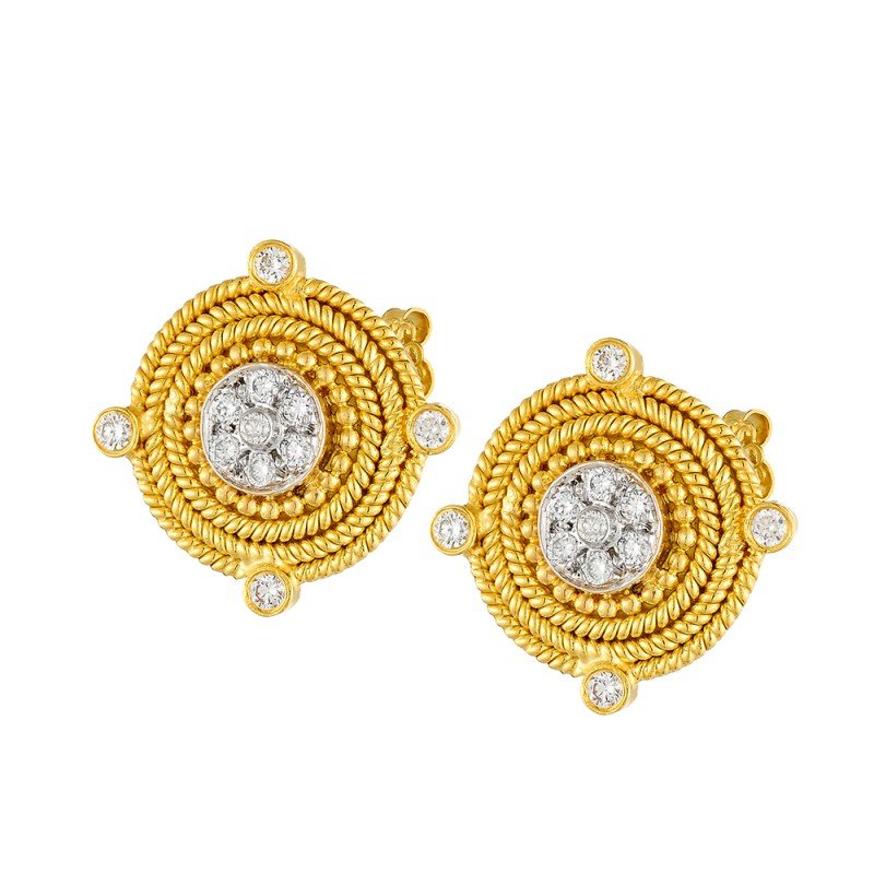 Damaskos Byzantine Medallion Stud Earrings with Diamonds – 18k Gold