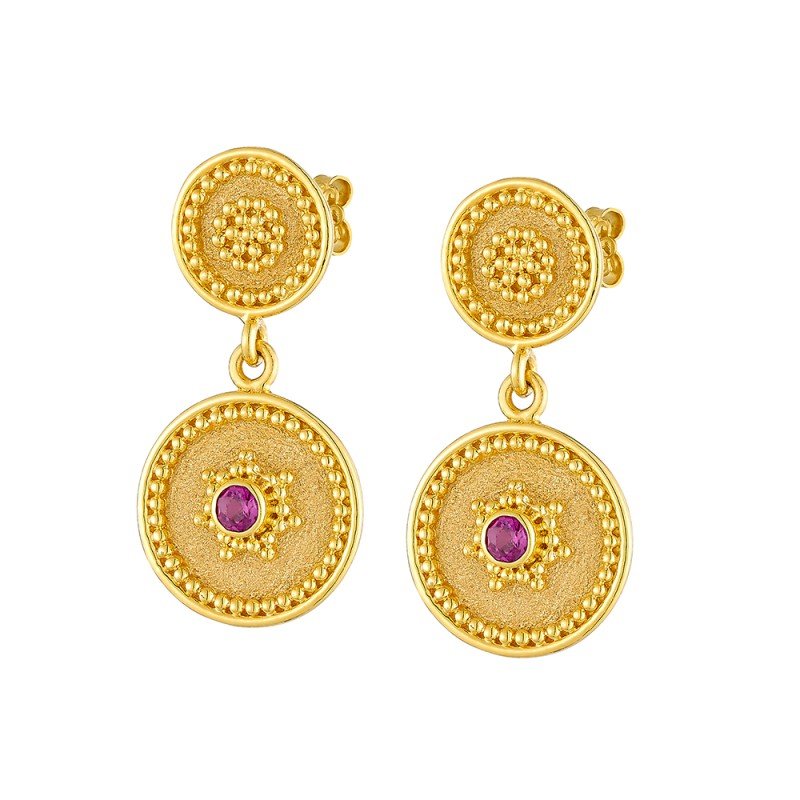 Damaskos Byzantine Double Medallion Drop Earrings with Red Gemstones – 18k Gold