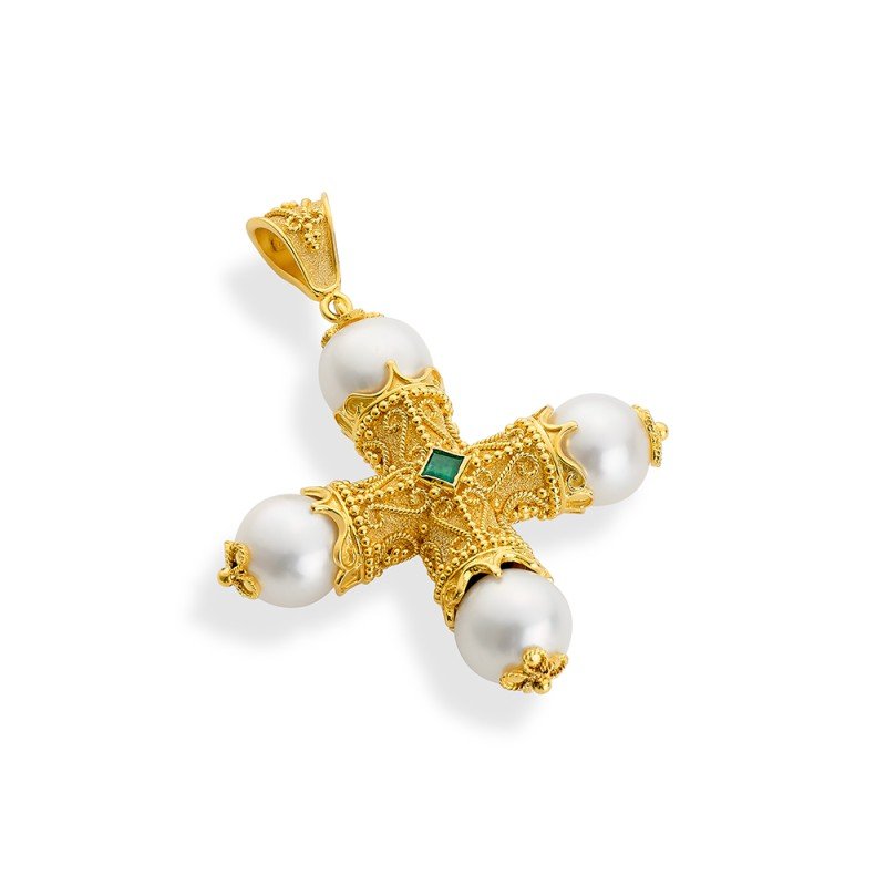 Gold 18K Cross with Pearls, Rubies and Emeralds - Damaskos Byzantine Heritage