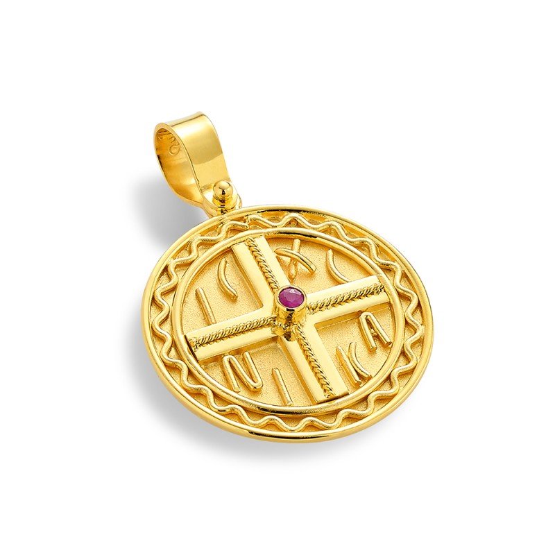 Constantinato Cross Pendant 18K Gold Cross with rubies - Damaskos