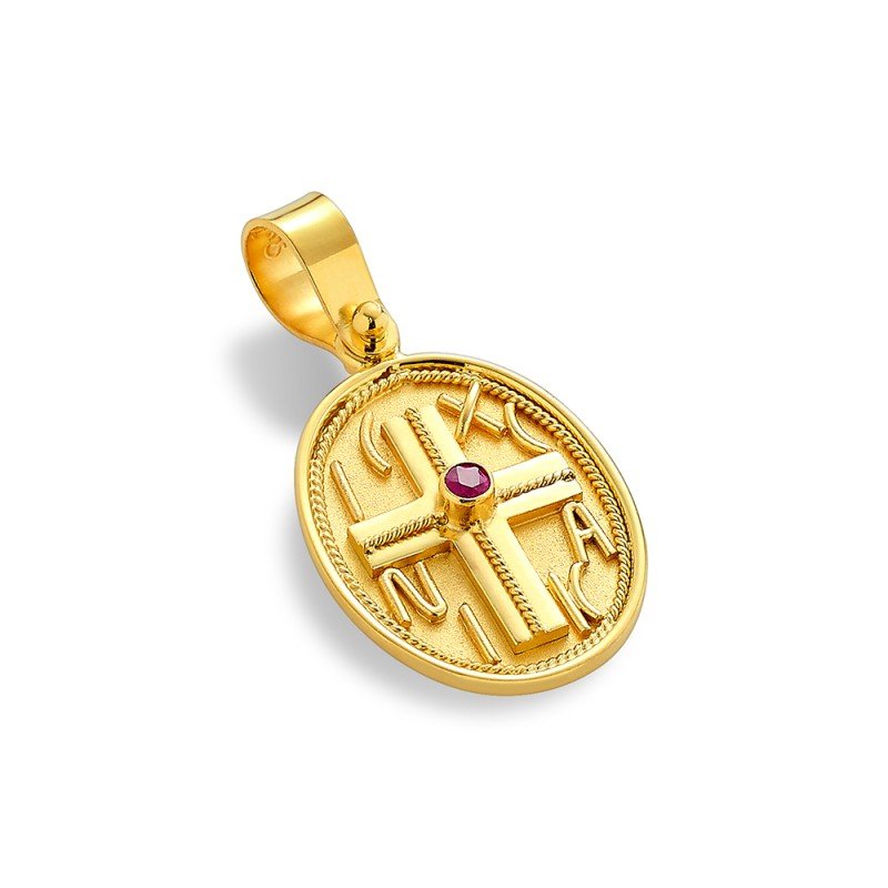 Damaskos Byzantine 18K Gold Cross Pendant Constantinato with rubies Double‑Sided ~ 2.1g