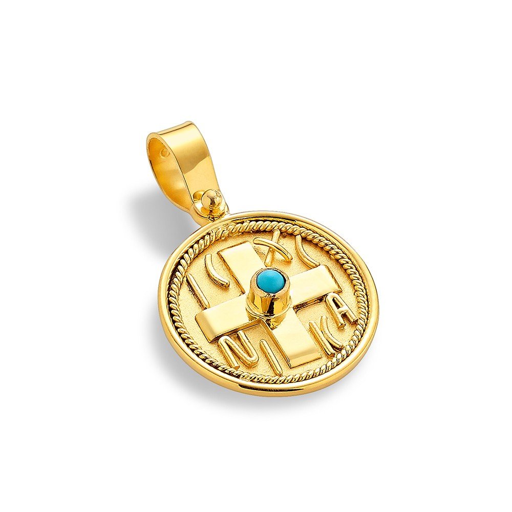 Damaskos Byzantine 18K Gold Cross Pendant Double‑Sided with Turquoise ~ 2g - Image 3
