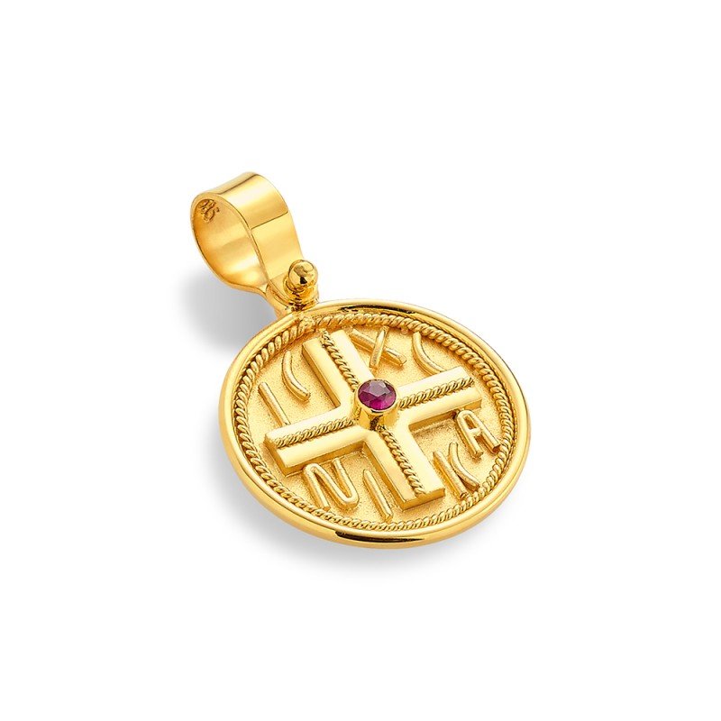 Damaskos Byzantine 18K Gold Cross Pendant with rubies Constantinato