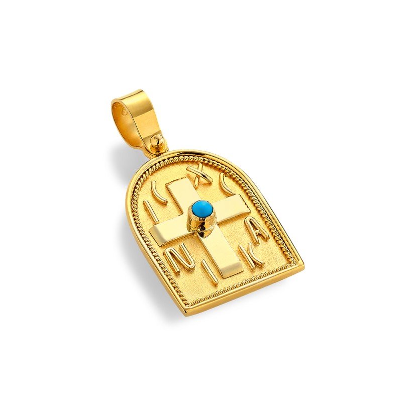 Damaskos Byzantine 18K Gold Cross Pendant - Double‑Sided with Turquoise ~ 2.5g