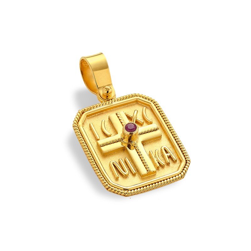 Damaskos Constantinato Cross Pendant 18K Gold with rubies – 2.3g