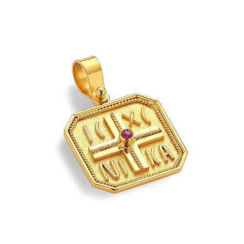 Damaskos Byzantine 18K Gold Cross Pendant Double‑Sided with rubies ~2.5g - Image 2