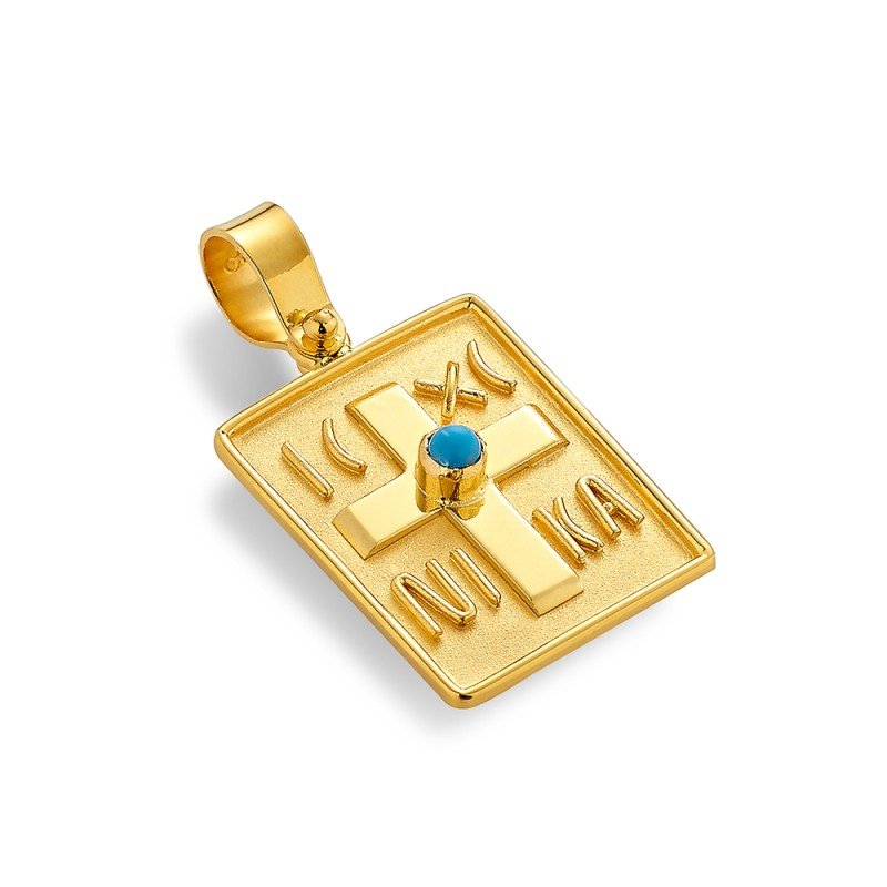 Damaskos Constantinato Cross Pendant 18K Gold with Turquoise ~1.8g