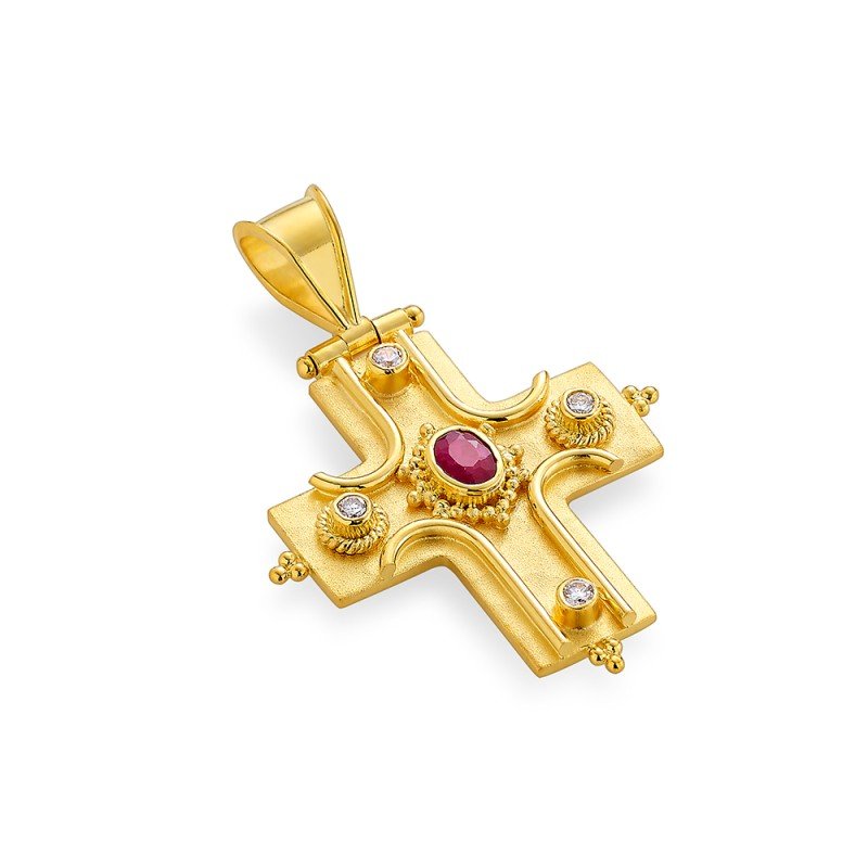 Damaskos Byzantine 18K Gold Cross with rubies and diamonds