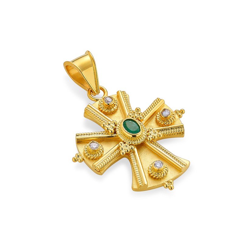 Damaskos Byzantine 18K Golden Shield Cross with Emeralds and Diamonds
