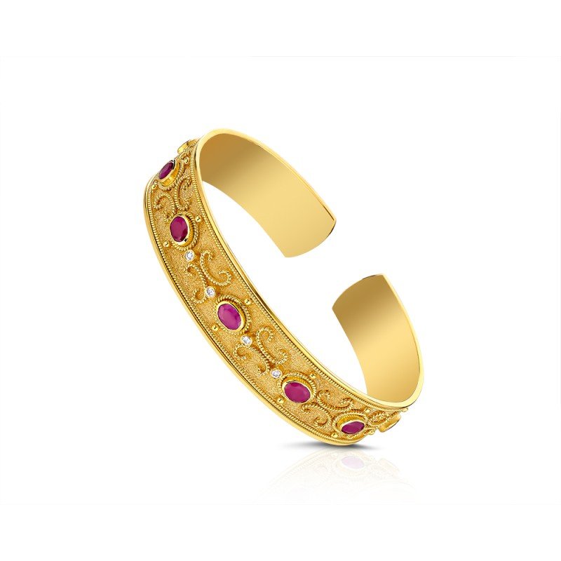 Damaskos Byzantine Filigree Open Cuff Bracelet with Red Gemstones and Diamonds – 18k Gold