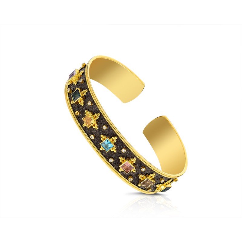 Damaskos Byzantine Multi-Gem Filigree Open Cuff Bracelet with Colored Gemstones and Diamonds – 18k Gold