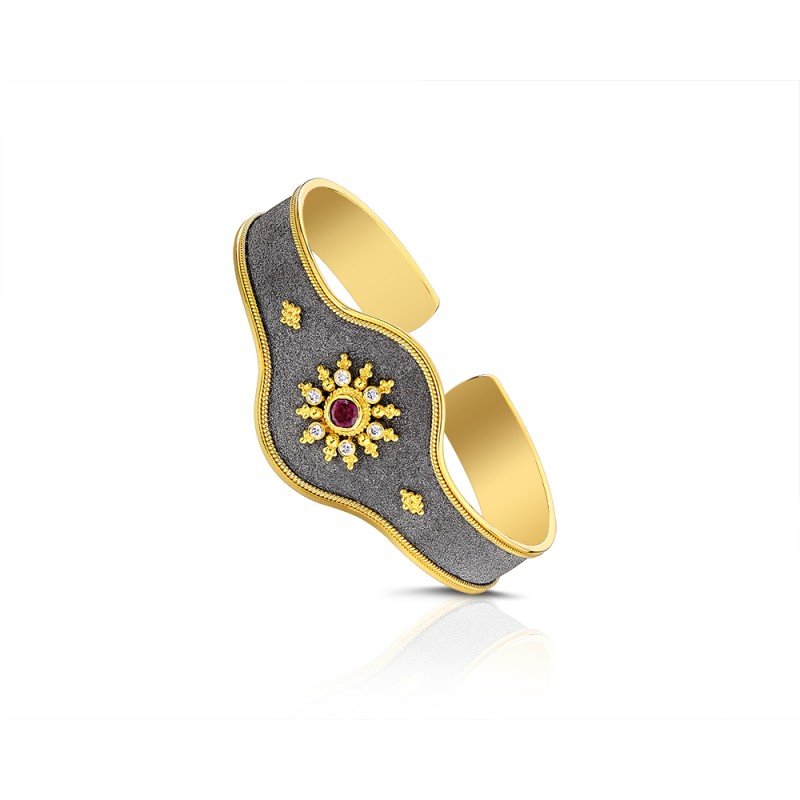 Damaskos Byzantine Shield Cuff Bracelet with Red Gemstone and Diamonds – 18k Gold